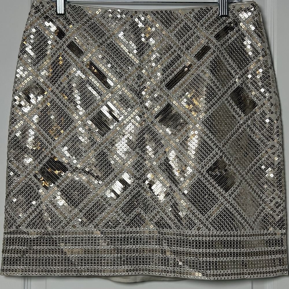 White House Black Market Silver Gold Metallic Sequin Plaid Lined Mini Skirt